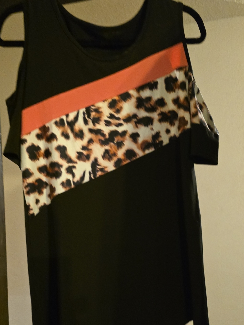 Black Cold-Shoulder Dress with Coral Stripe & Leopard Panel
